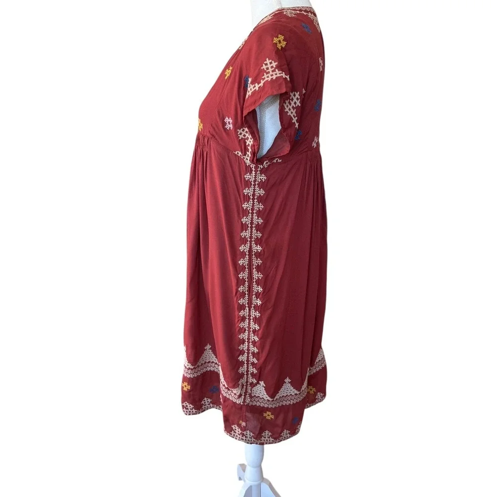 Sundance Embroidered Boho Tunic Dress Rust Red XS Short Sleeve Modal Lined